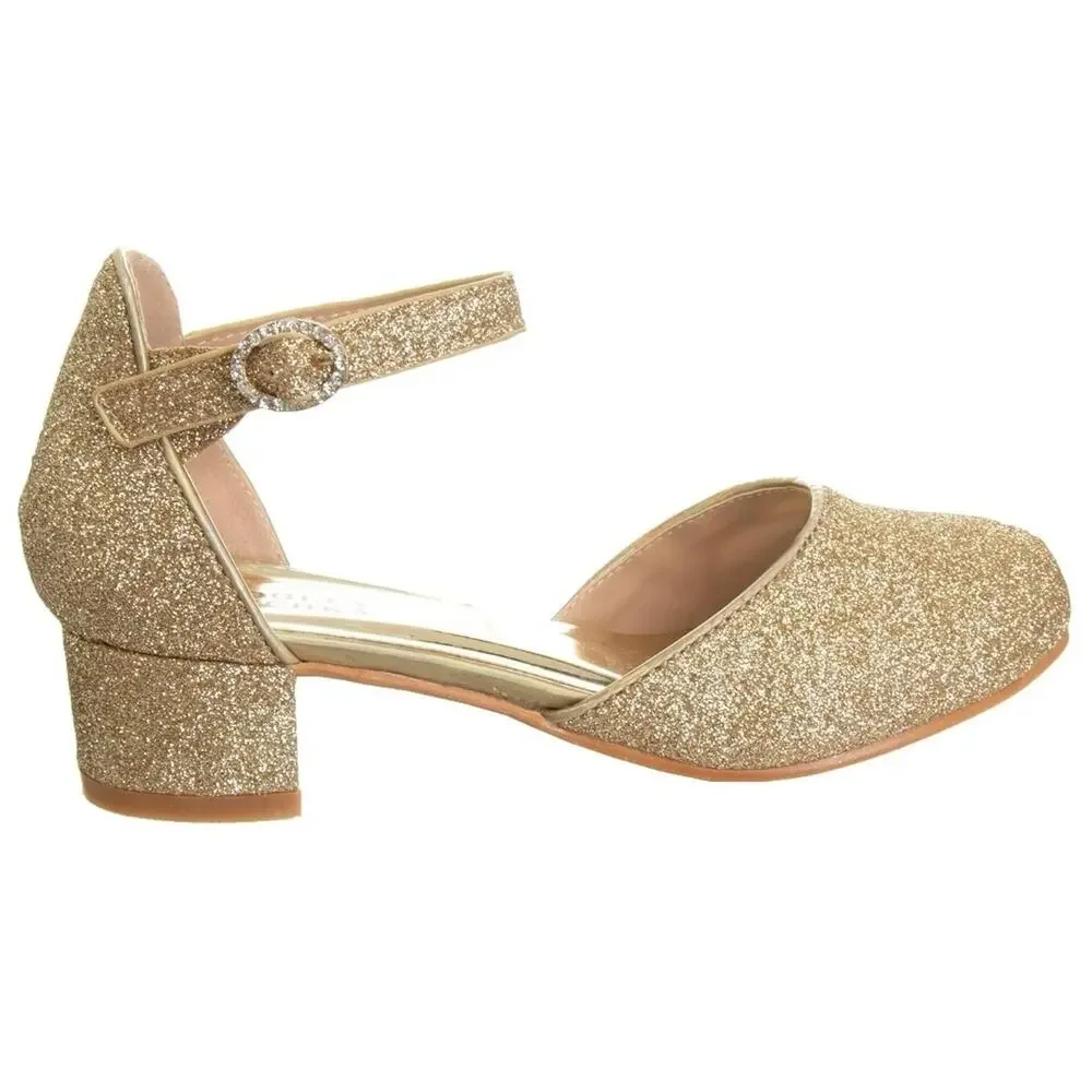 Badgley Mischka Girls Dress Shoes, Kids Party Slip-OnPumps, Gold Glittery Size 4